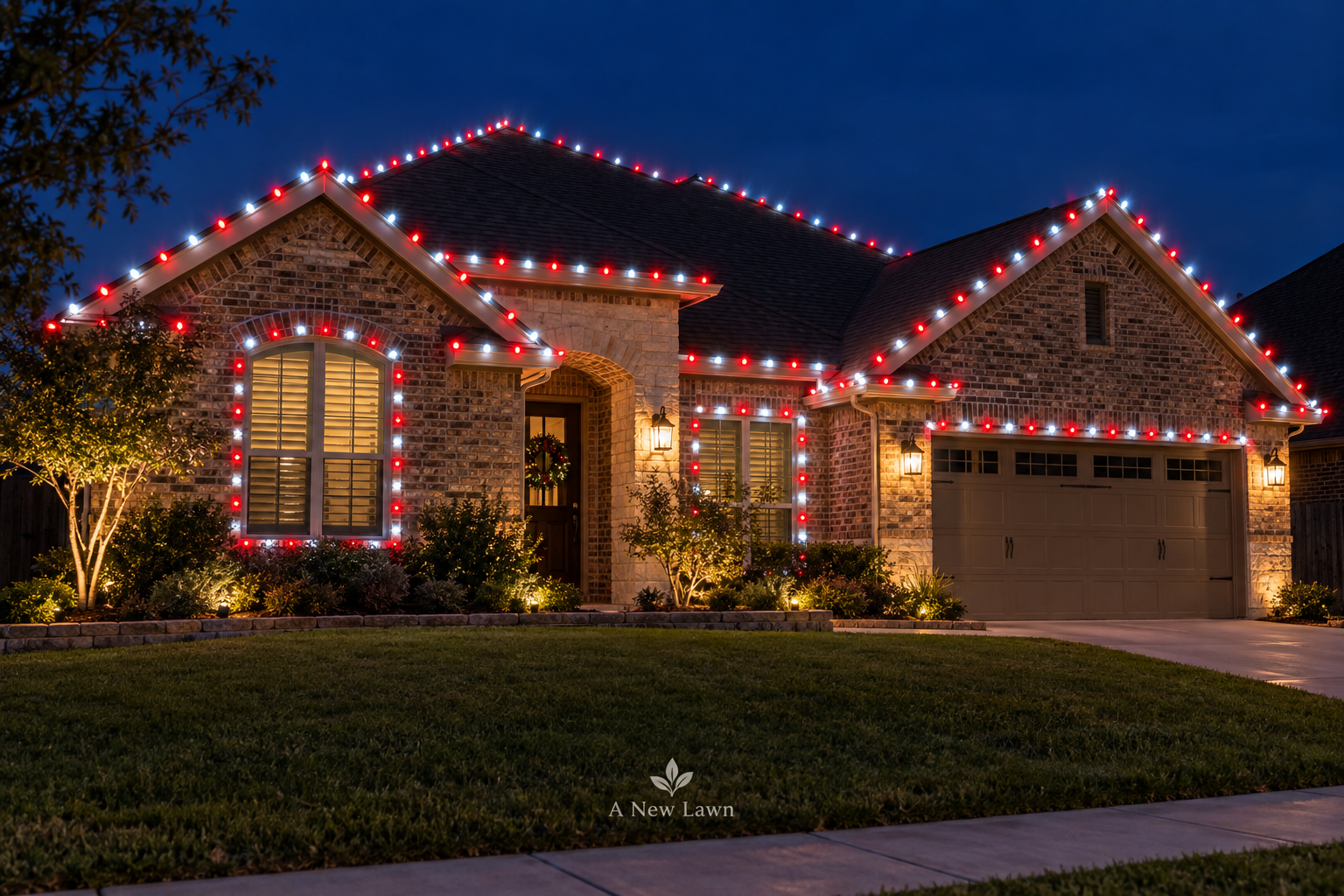 Cool white and red C9 Christmas lights on a home